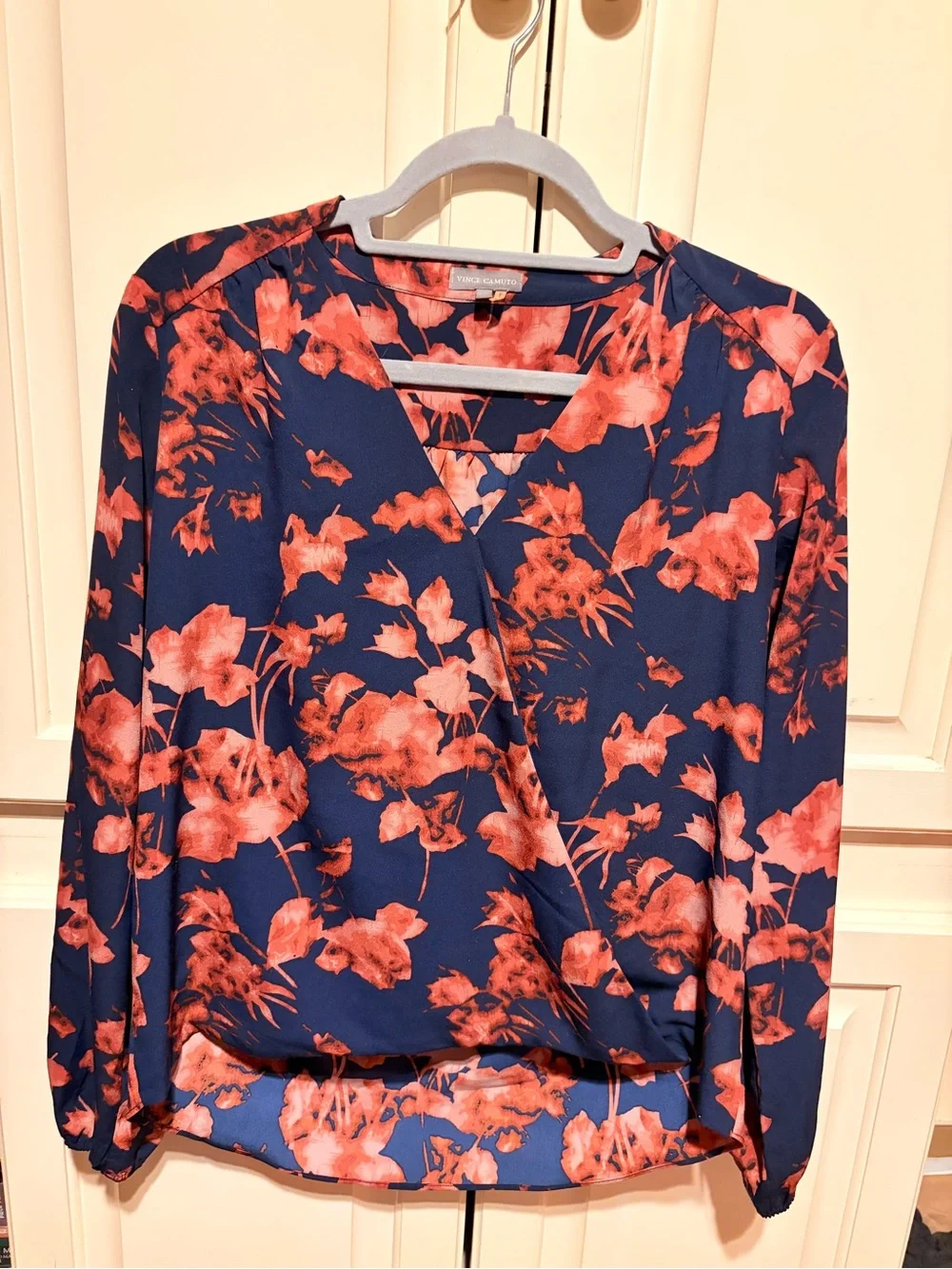 Vince Camuto Navy Blouse with Coral Floral Print